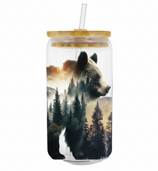Glass with a bear and forest design on a white background