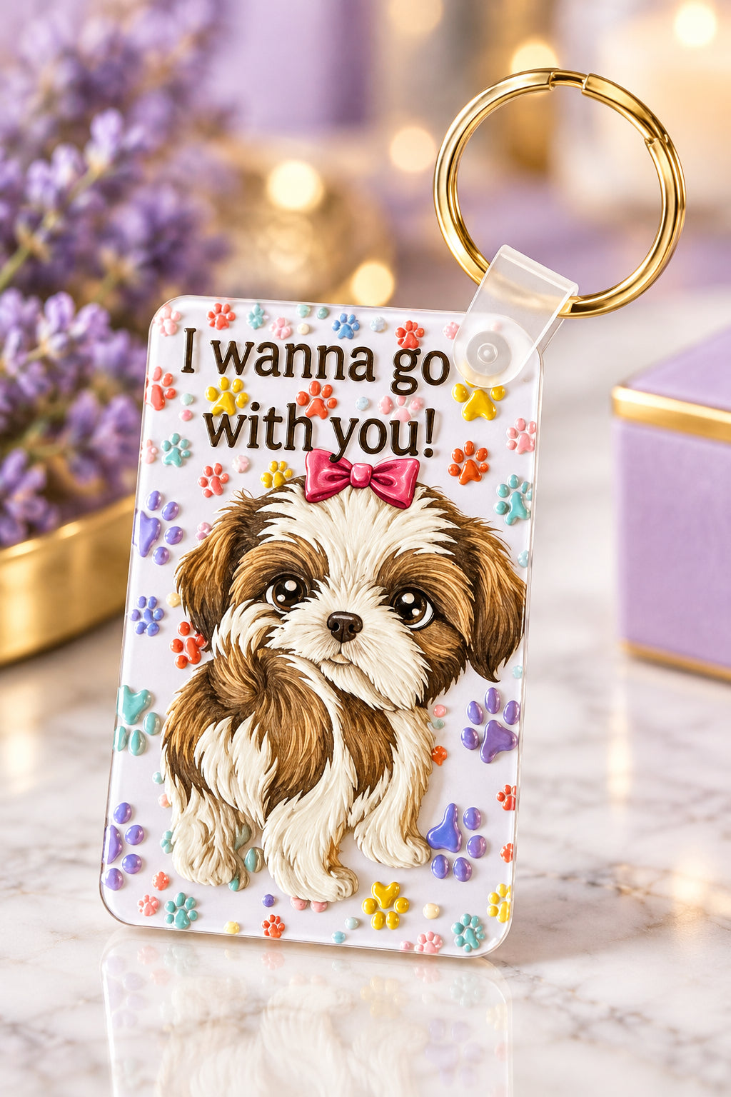 A rectangular plastic keychain featuring a portrait of a Shih Tzu dog with the text 'I wanna go with you!' and a red bow, resting on a dark tabletop.