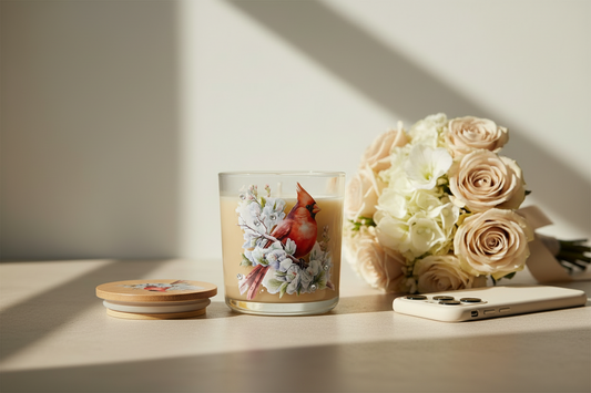 Candle with a cardinal design and matching ccover on a textured surface.