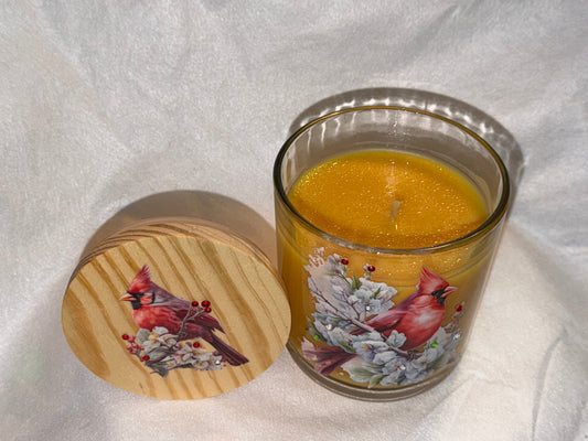 "Cardinal on Floral Branch" Bright Citrus Scented Soy Candle with Gemstones
