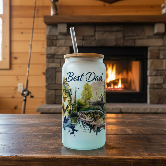 Tall cylindrical container with a lid featuring a nature scene with fish and a lake.