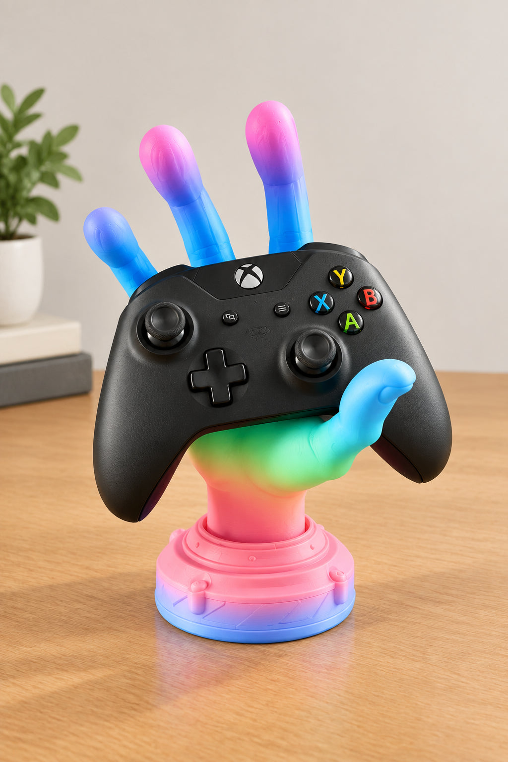 A black video game controller with colorful gradient accents on its joysticks and buttons, displayed on a pink and blue stand shaped like a hand, set on a wooden table.