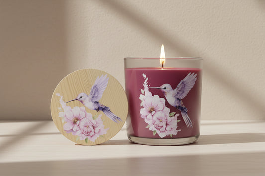 Candle with a hummingbird and floral design on a soft white surface