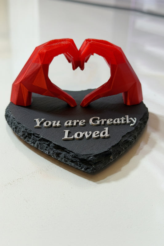 "Hand in Hand - Eternal Love" 3D Sculpted Translucent Heart on Natural Slate