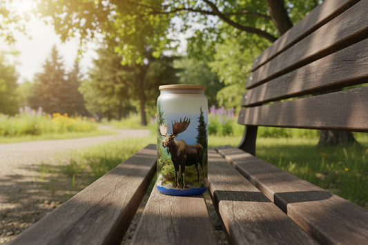 "Moose in Nature" 16 oz Glass Can, Lid & Straw | Personalized