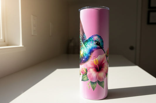 Pink tumbler with a colorful hummingbird and flower design on a white background