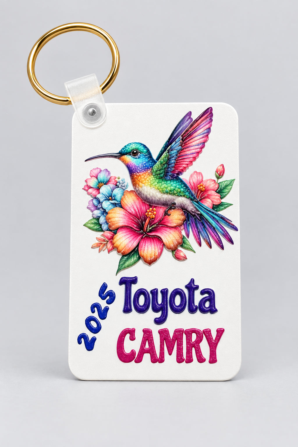Personalized double-sided acrylic key tag with hummingbird design and 2025 Toyota Camry text