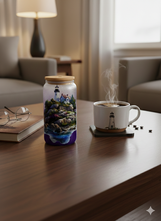 "Coastal Lighthouse" 16 oz Glass Can, Lid & Straw | Personalized