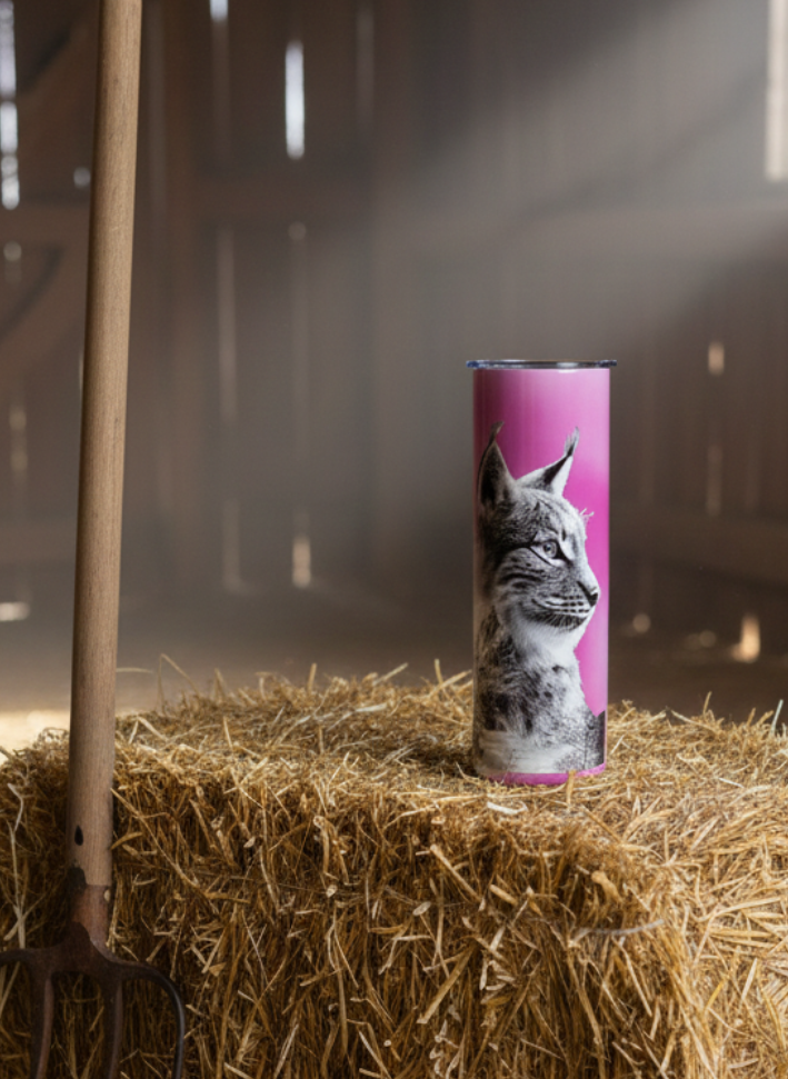 Candle with a cat design on a hay bale in a barn setting