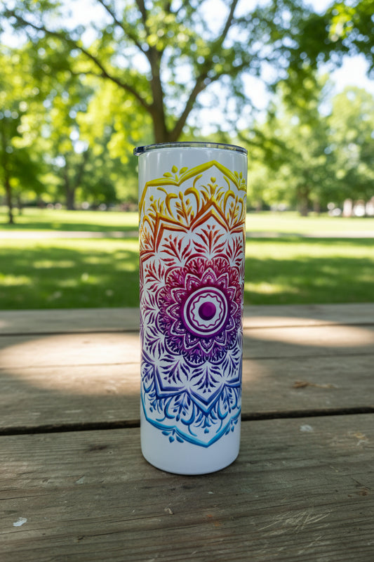 Colorful mandala design on a cylindrical object against a neutral background