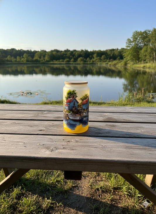 "Boat House" 16 oz Glass Can, Lid & Straw | Personalized