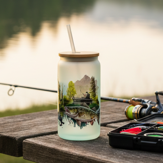 Fishing setup with a mason jar and fishing gear on a wooden table by a lake.
