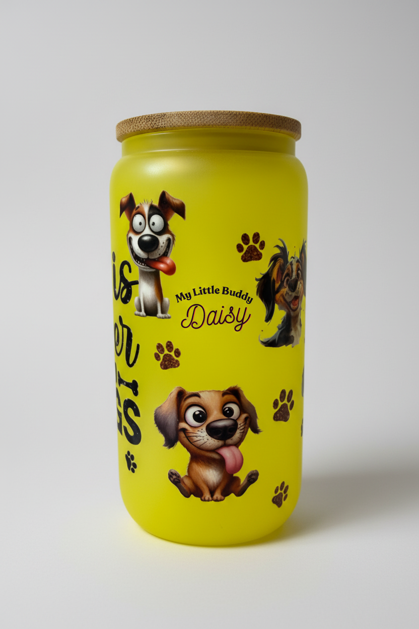 Yellow jar with cartoon dog illustrations and text on a white background