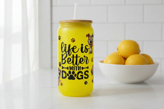 Yellow mug with text and paw prints on a white background