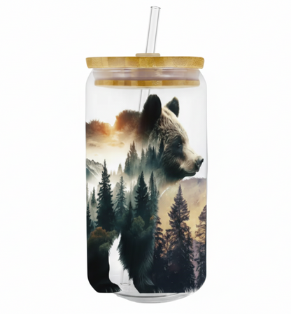 Glass with a bear and forest design on a white background