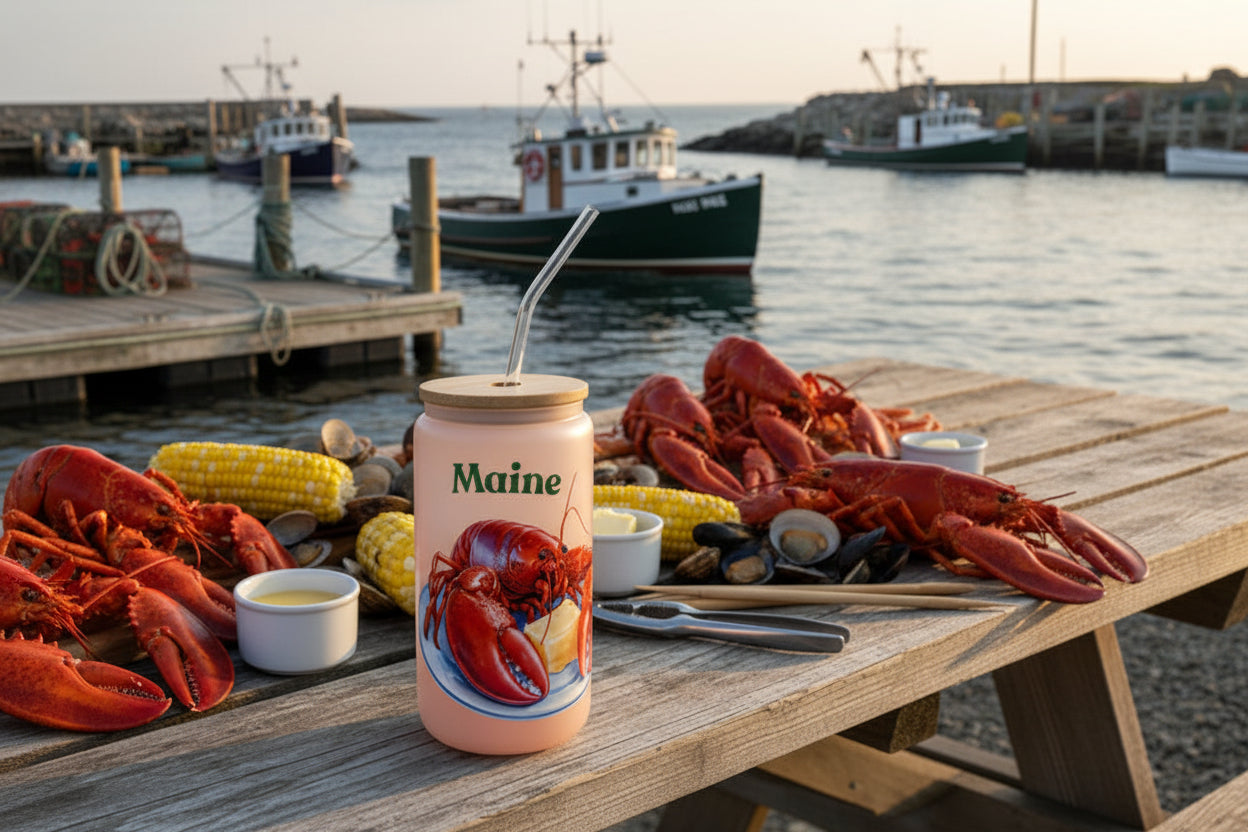 Jar labeled 'Maine' with lobster design on a table by the ocean.