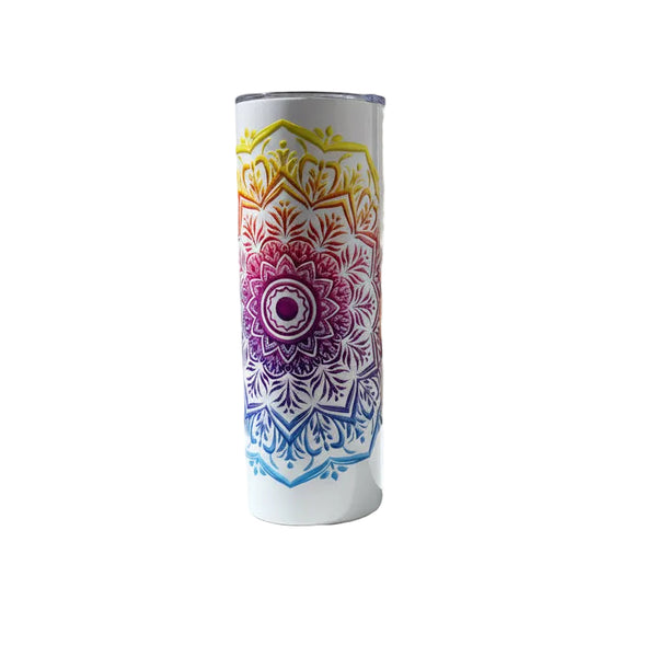 Cylindrical container with a colorful mandala design on a white table and porch background