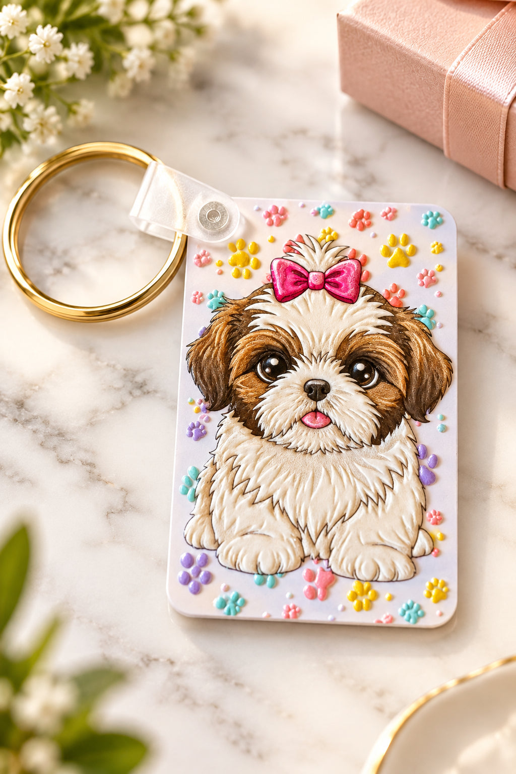 A custom embossed keychain featuring a Shih Tzu dog portrait with a pink bow, set against a background of colorful star-shaped studs and a gold split ring, resting on a dark surface.