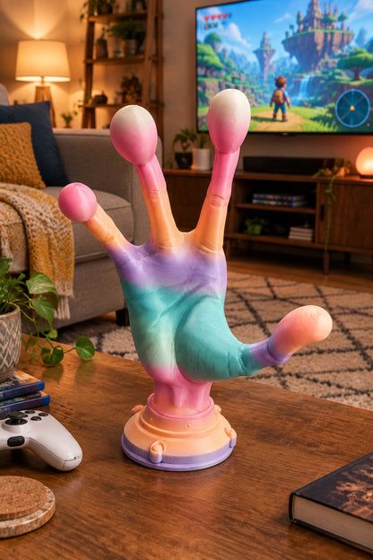 A colorful PLA plastic hand-shaped  tool with elongated fingers and a round base, shown against a solid black background.