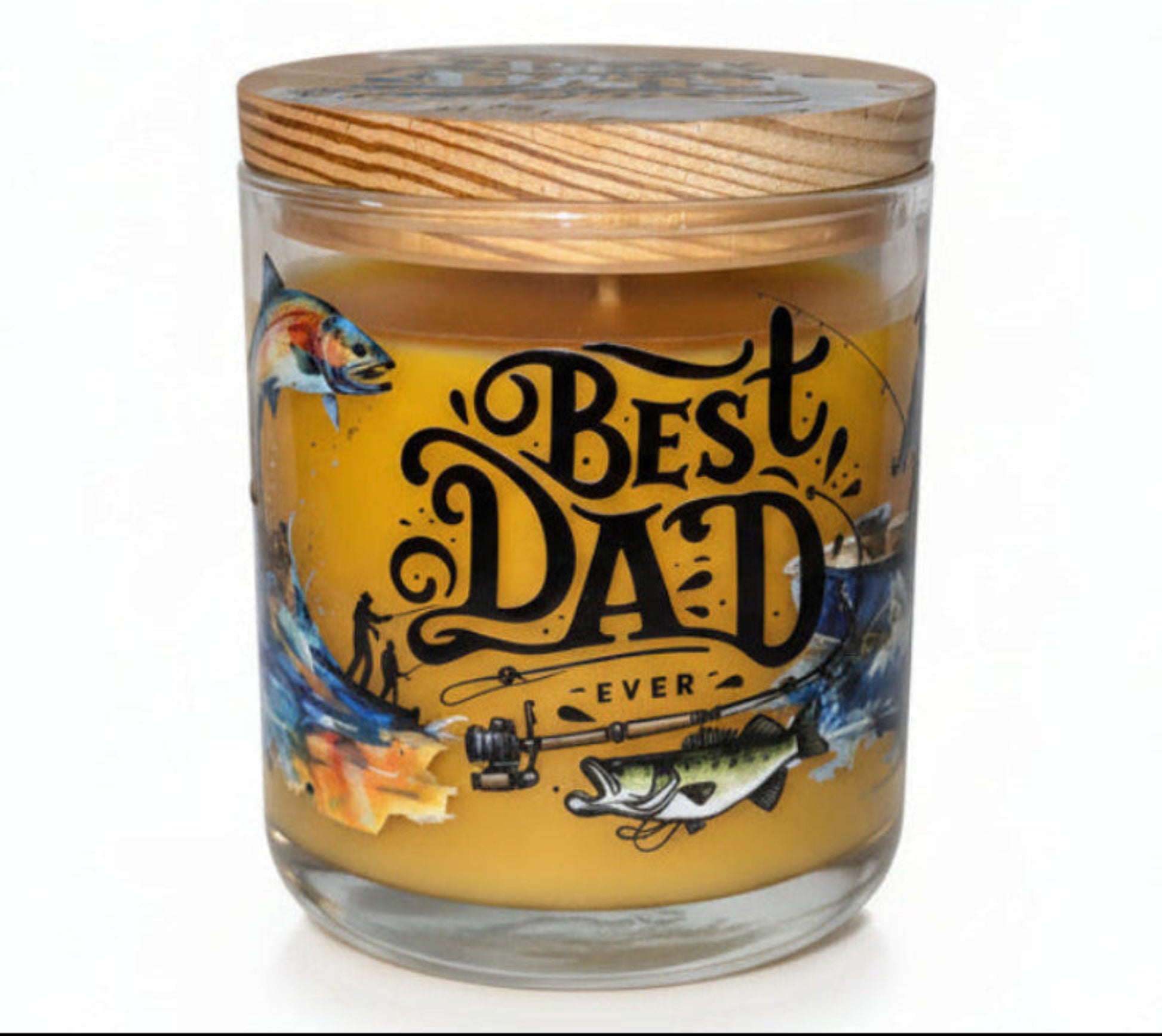 Candle in a glass jar with a wooden lid labeled 'Best Dad Ever' on a white background
