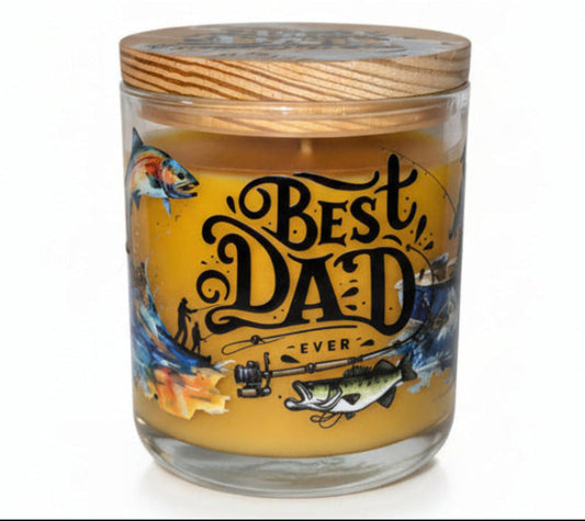 Candle in a glass jar with a wooden lid labeled 'Best Dad Ever' on a white background