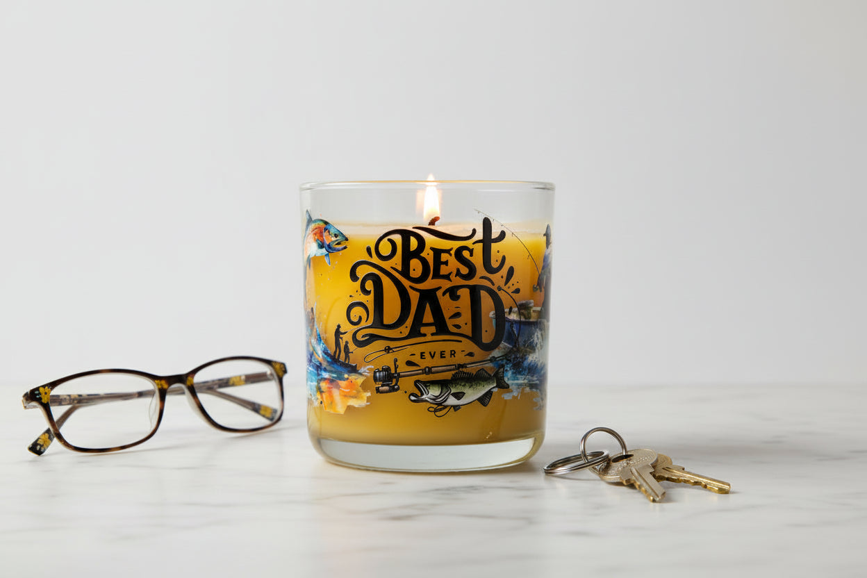 Clear glass mug with 'Best Dad Ever' text and fishing-themed design on a white background