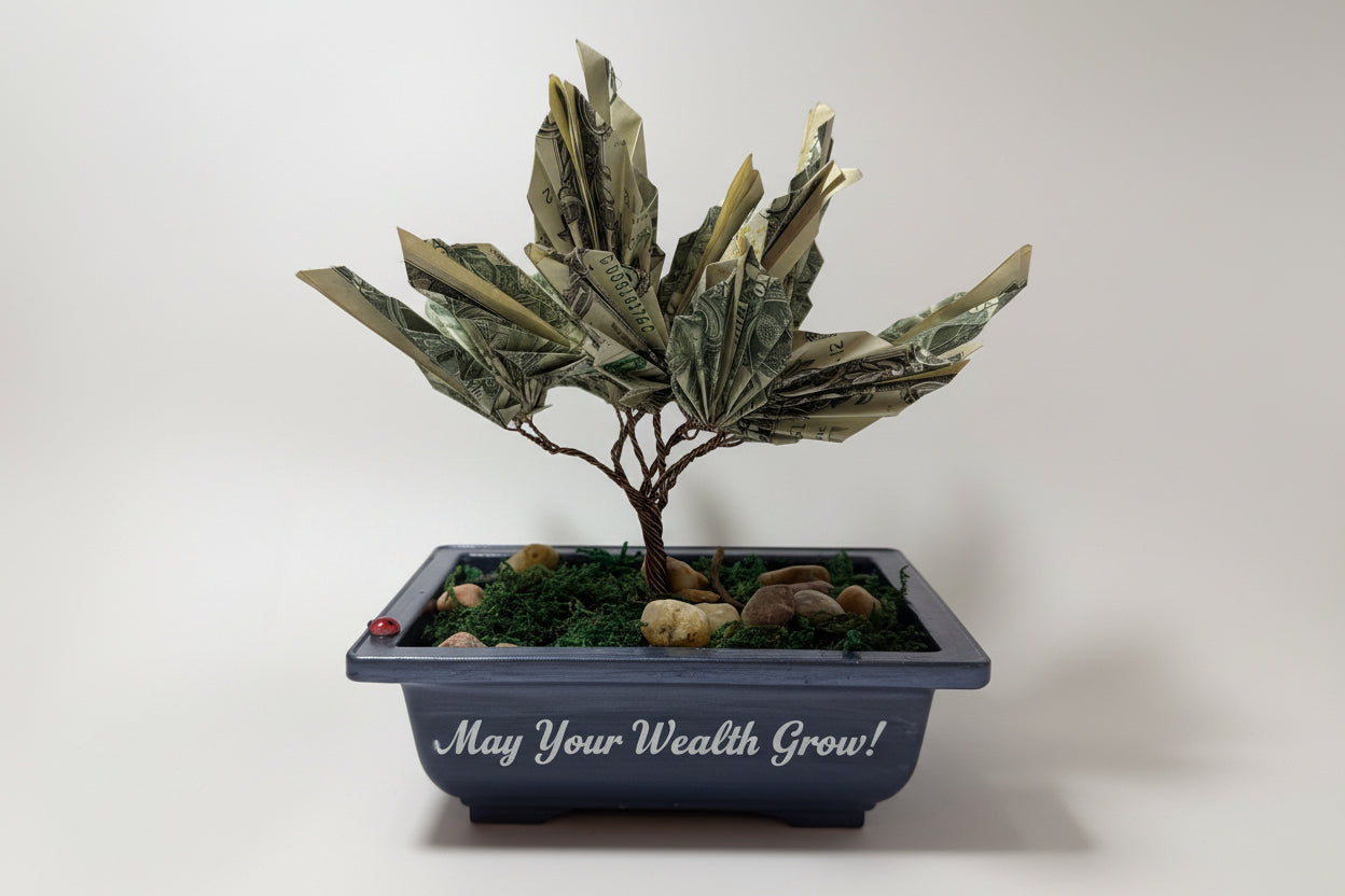 Potted plant made of dollar bills with a small box containing more dollar bills on a white surface.