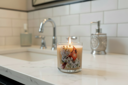 Candle with a cardinal on flower design  on a bathroom counter