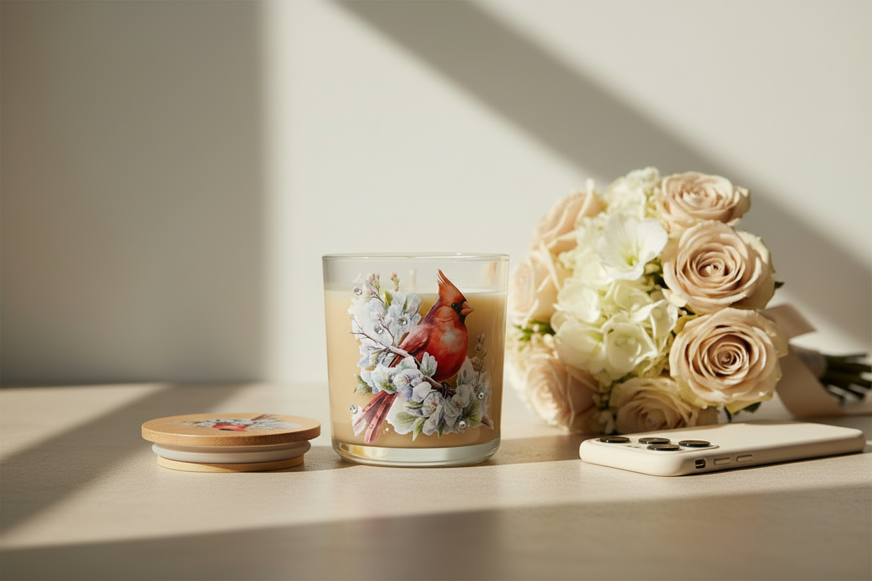 Candle with a cardinal design and matching ccover on a textured surface.