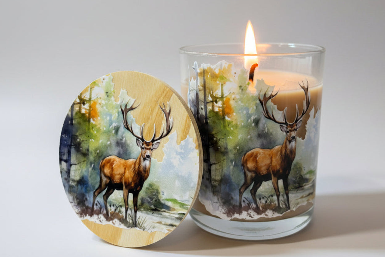lid and candle decorated with Deer in nature