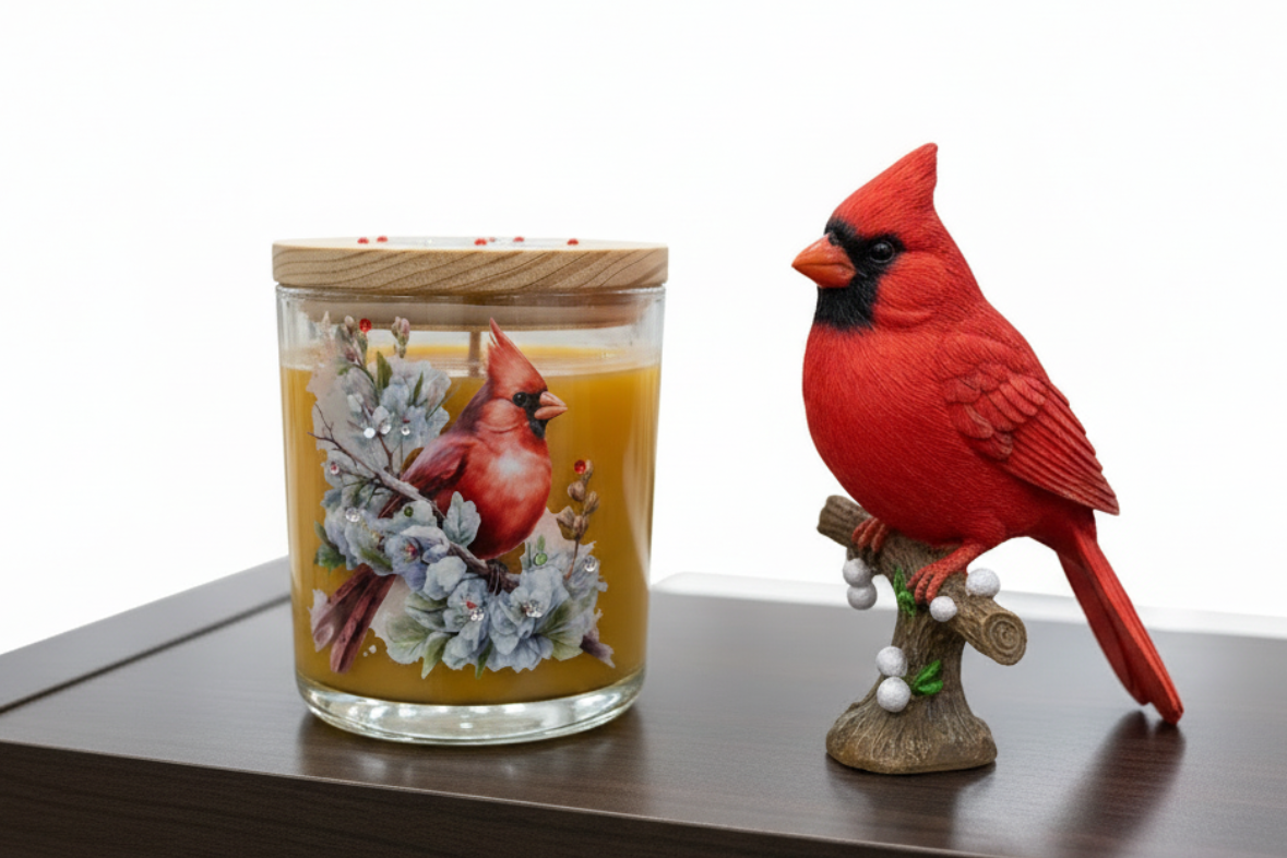 "Cardinal on Floral Branch" Bright Citrus Scented Soy Candle with Gemstones