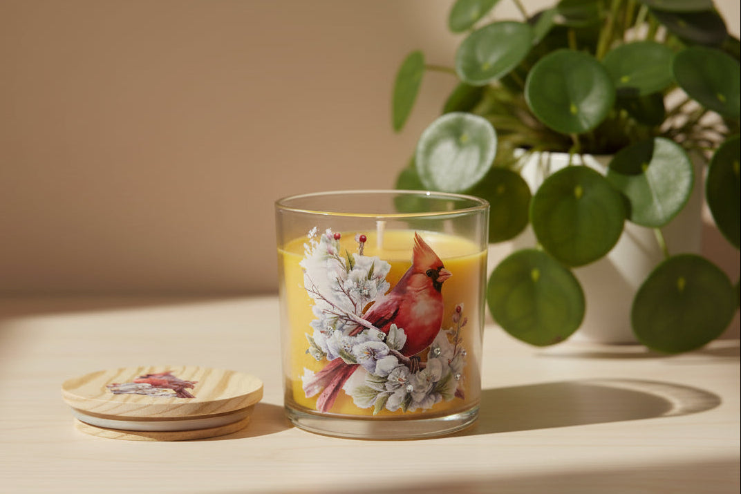 Candle in a glass jar with a wooden lid featuring cardinal designs on a white fabric background.