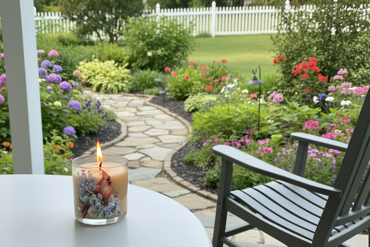 Coconut scented candle with cardinals on a wooden table in a garden setting