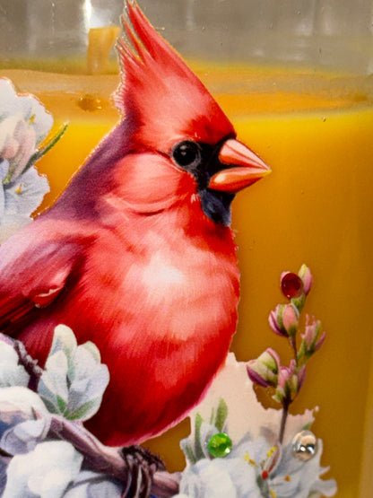 "Cardinal on Floral Branch" Bright Citrus Scented Soy Candle with Gemstones