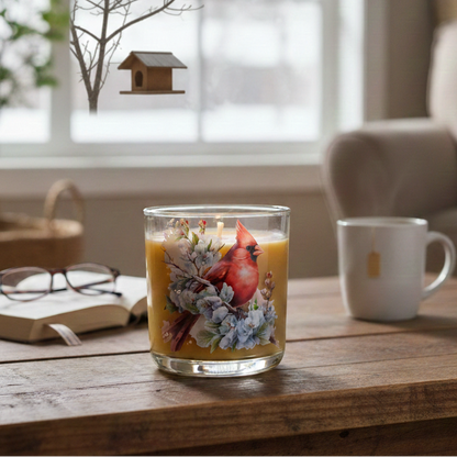 Glass candle with floral design and red bird on a wooden table in a cozy living room.