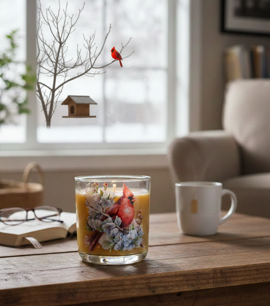 Glass candle with floral design and red bird on a wooden table in a cozy living room.