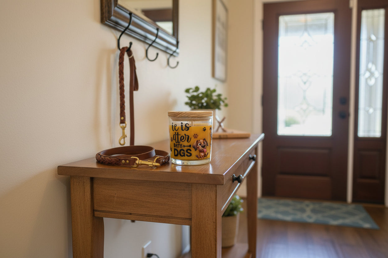 Decorative jar with a wooden lid featuring cartoon dog illustrations on a white background.