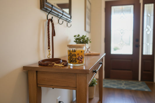 Decorative jar with a wooden lid featuring cartoon dog illustrations on a white background.