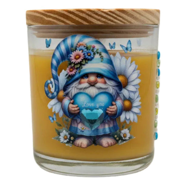 Decorative glass item with a gnome and floral design on a beige background