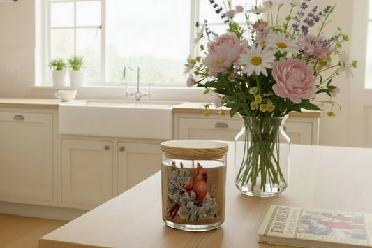 Candle in Glass Jar with a decorative red bird and flowers on a white background