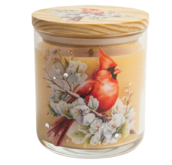 Decorative jar with a wooden lid featuring cardinal birds and floral designs on a white background.
