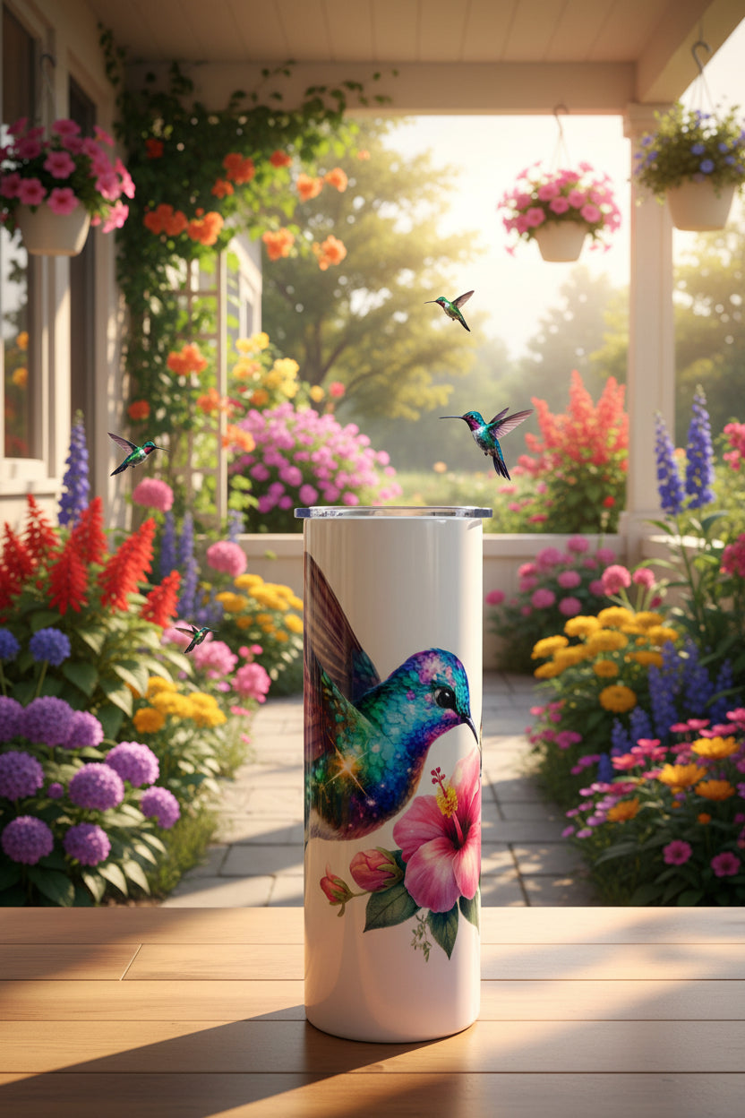 Tumbler with a colorful bird and floral design on a white background