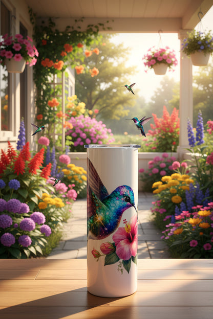 Tumbler with a colorful bird and floral design on a white background