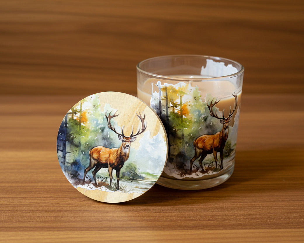 Glass mug with a deer design on a white surface