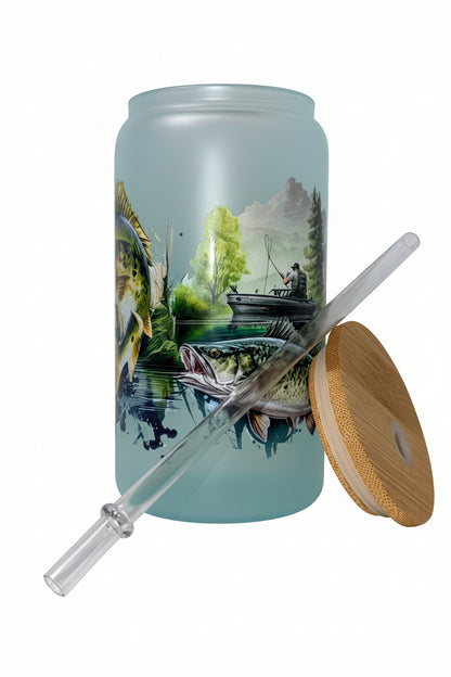 Glass tumbler with wooden lid featuring a scenic design of fish and nature.