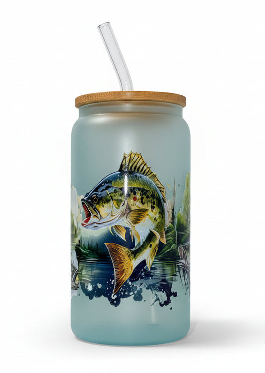 Tumbler with fish design, wooden lid, and straw on a white background