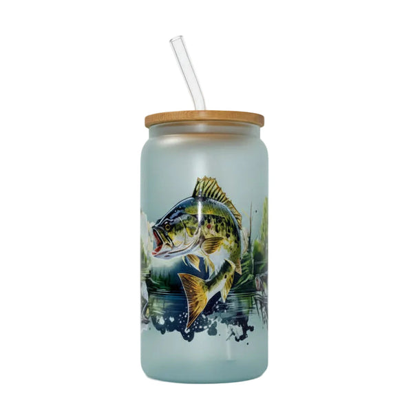Tumbler with fish design, wooden lid, and straw on a white background