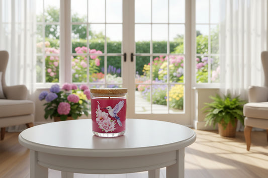 Decorative container with hummingbird and floral design on a gray surface