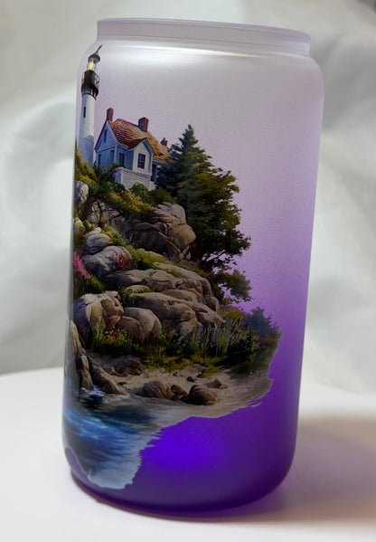 "Coastal Lighthouse" 16 oz Glass Can, Lid & Straw | Personalized