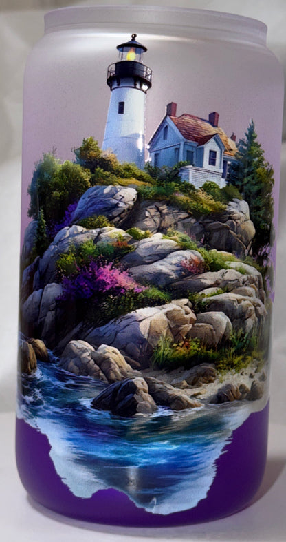 "Coastal Lighthouse" 16 oz Glass Can, Lid & Straw | Personalized